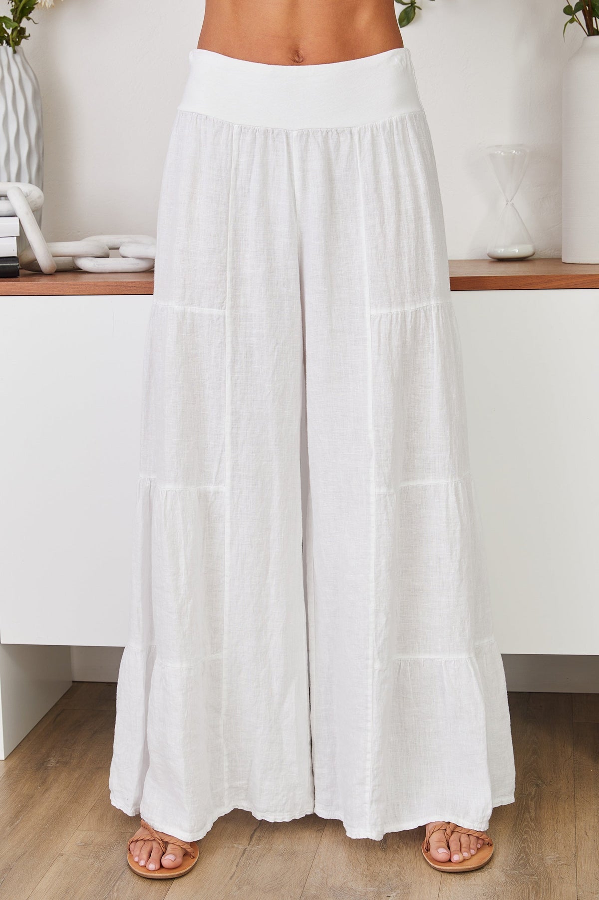 Damskie spodnie palazzo z szerokimi nogawkami i falbanami-Pants for Women-Olave