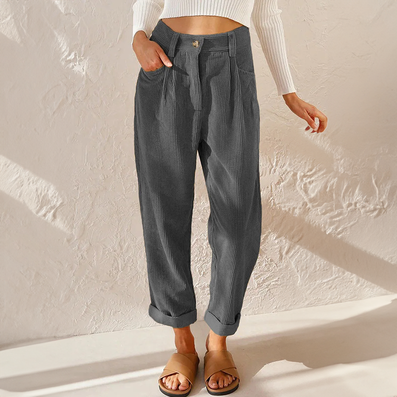 Damskie spodnie sztruksowe z wysokim stanem i zwężanymi nogawkami-Pants for Women-Olave