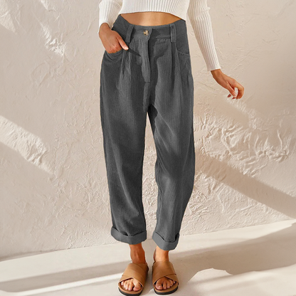 Damskie spodnie sztruksowe z wysokim stanem i zwężanymi nogawkami-Pants for Women-Olave