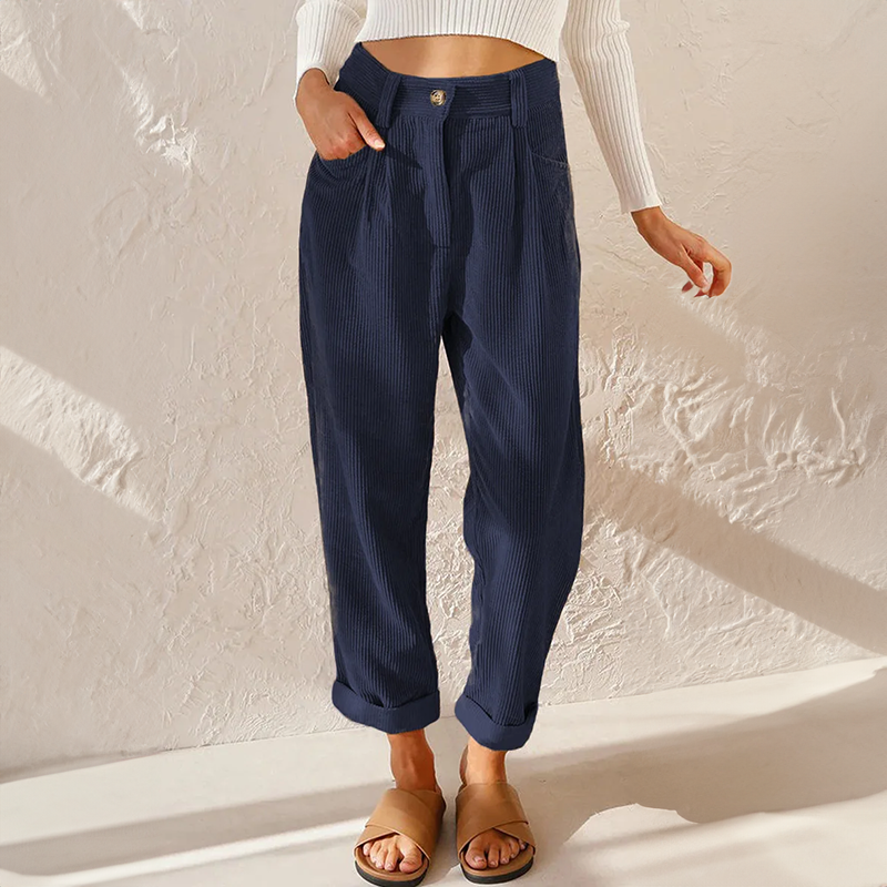 Damskie spodnie sztruksowe z wysokim stanem i zwężanymi nogawkami-Pants for Women-Olave