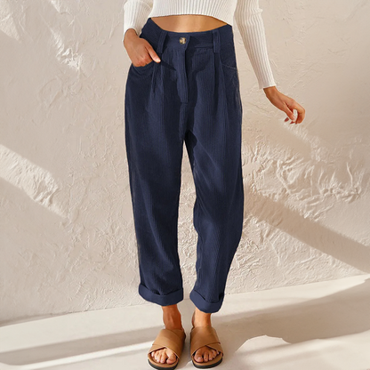 Damskie spodnie sztruksowe z wysokim stanem i zwężanymi nogawkami-Pants for Women-Olave