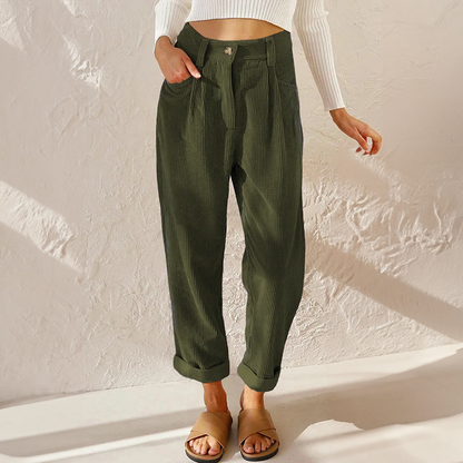 Damskie spodnie sztruksowe z wysokim stanem i zwężanymi nogawkami-Pants for Women-Olave