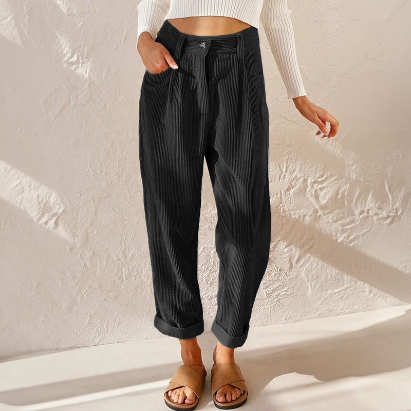 Damskie spodnie sztruksowe z wysokim stanem i zwężanymi nogawkami-Pants for Women-Olave