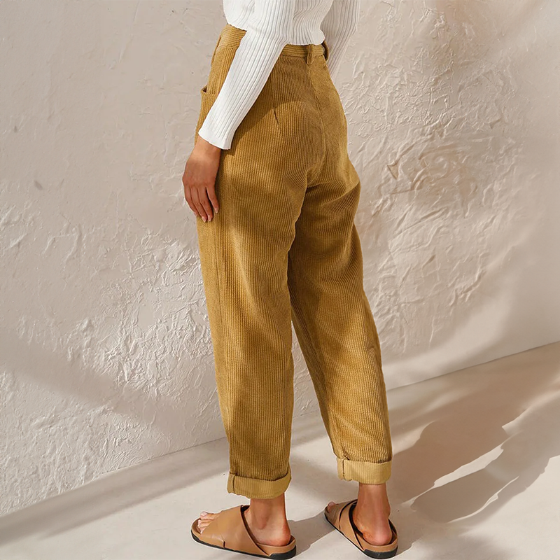 Damskie spodnie sztruksowe z wysokim stanem i zwężanymi nogawkami-Pants for Women-Olave