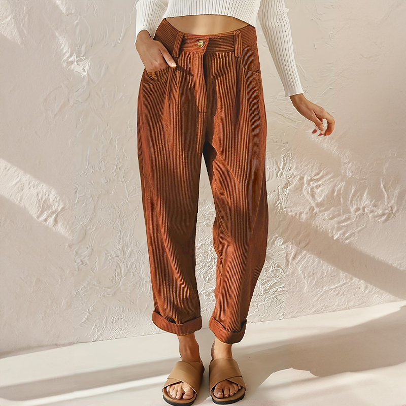 Damskie spodnie sztruksowe z wysokim stanem i zwężanymi nogawkami-Pants for Women-Olave