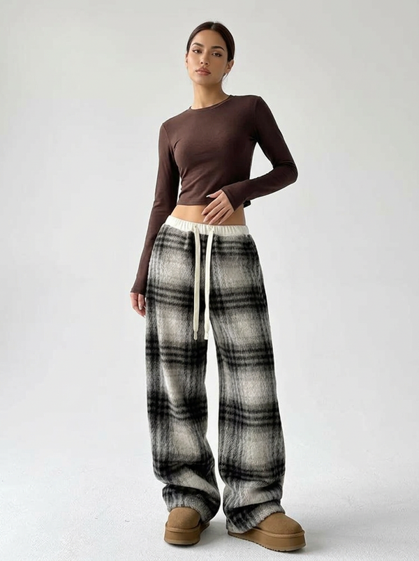Damskie spodnie wypoczynkowe w kratę z szerokimi nogawkami-Pants for Women-Olave