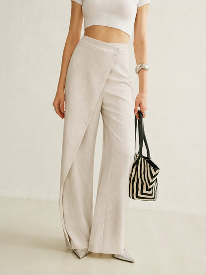 Damskie spodnie z szerokimi nogawkami i asymetrycznym przodem-Pants for Women-Olave