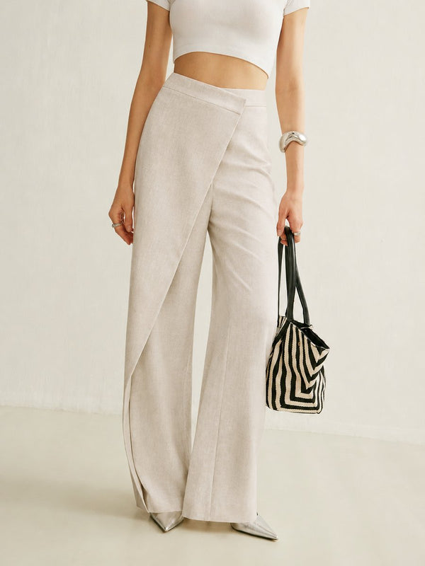 Damskie spodnie z szerokimi nogawkami i asymetrycznym przodem-Pants for Women-Olave