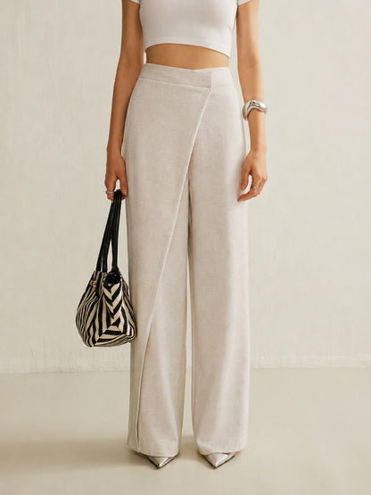 Damskie spodnie z szerokimi nogawkami i asymetrycznym przodem-Pants for Women-Olave
