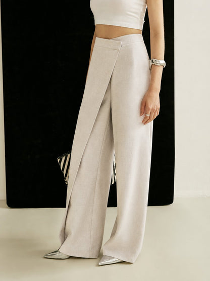 Damskie spodnie z szerokimi nogawkami i asymetrycznym przodem-Pants for Women-Olave