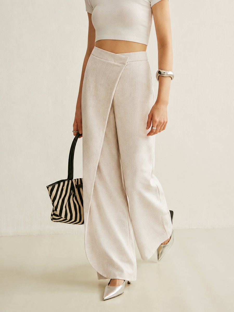 Damskie spodnie z szerokimi nogawkami i asymetrycznym przodem-Pants for Women-Olave