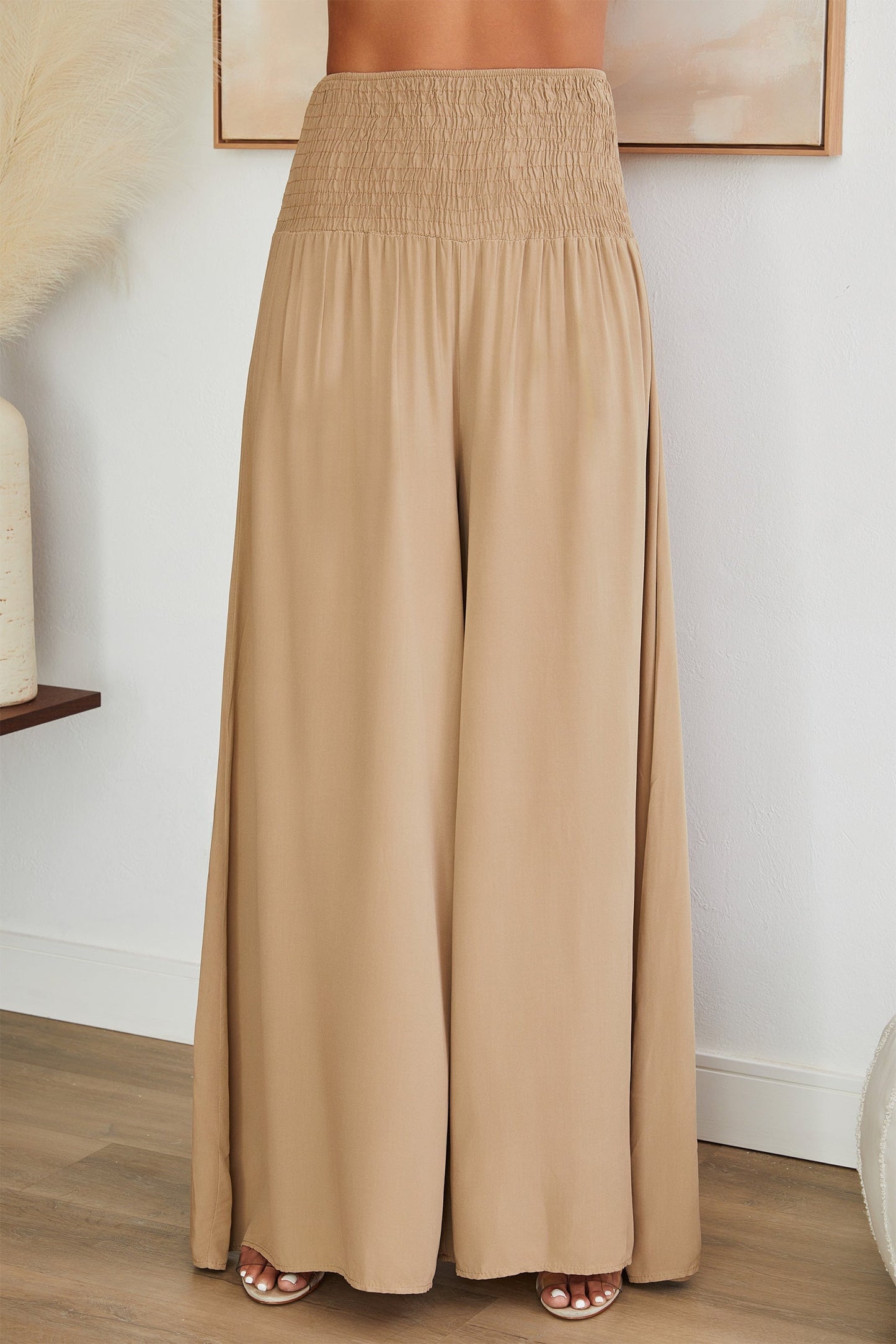 Damskie spodnie z szerokimi nogawkami i marszczonym pasem-Pants for woman-Olave