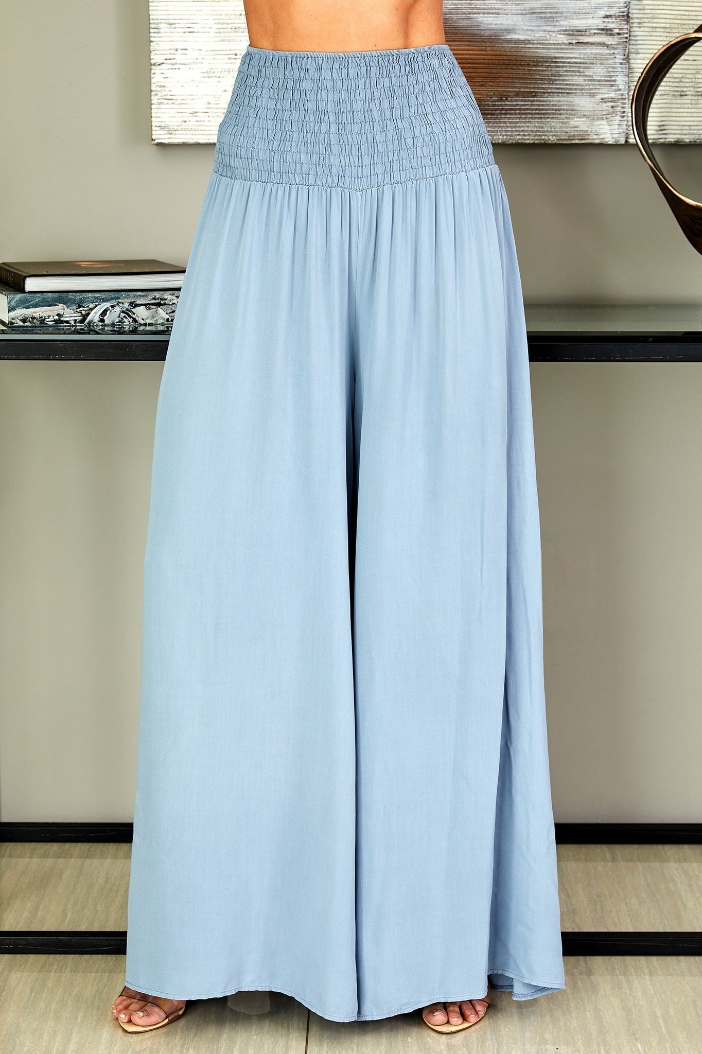 Damskie spodnie z szerokimi nogawkami i marszczonym pasem-Pants for woman-Olave