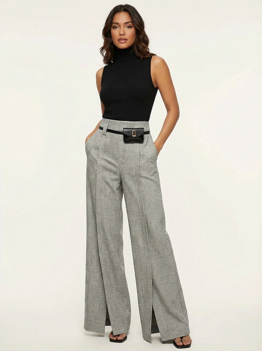 Damskie spodnie z szerokimi nogawkami i rozcięciami-Pants for Women-Olave