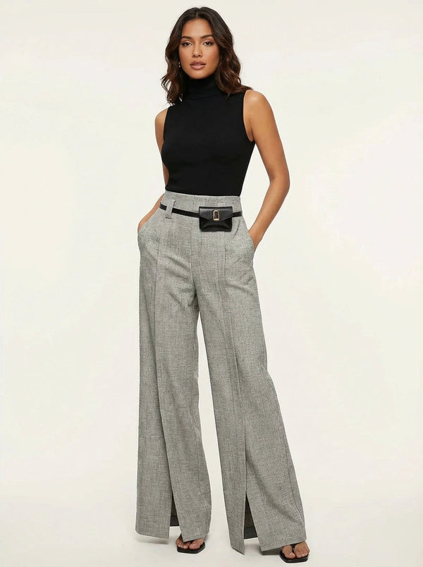 Damskie spodnie z szerokimi nogawkami i rozcięciami-Pants for Women-Olave