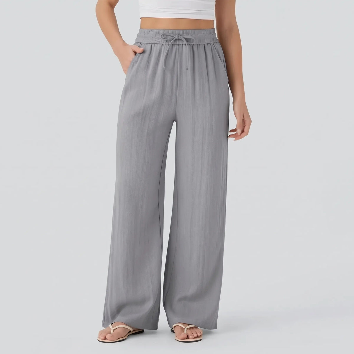 Damskie spodnie z szerokimi nogawkami i sznurkiem-Pants for woman-Olave