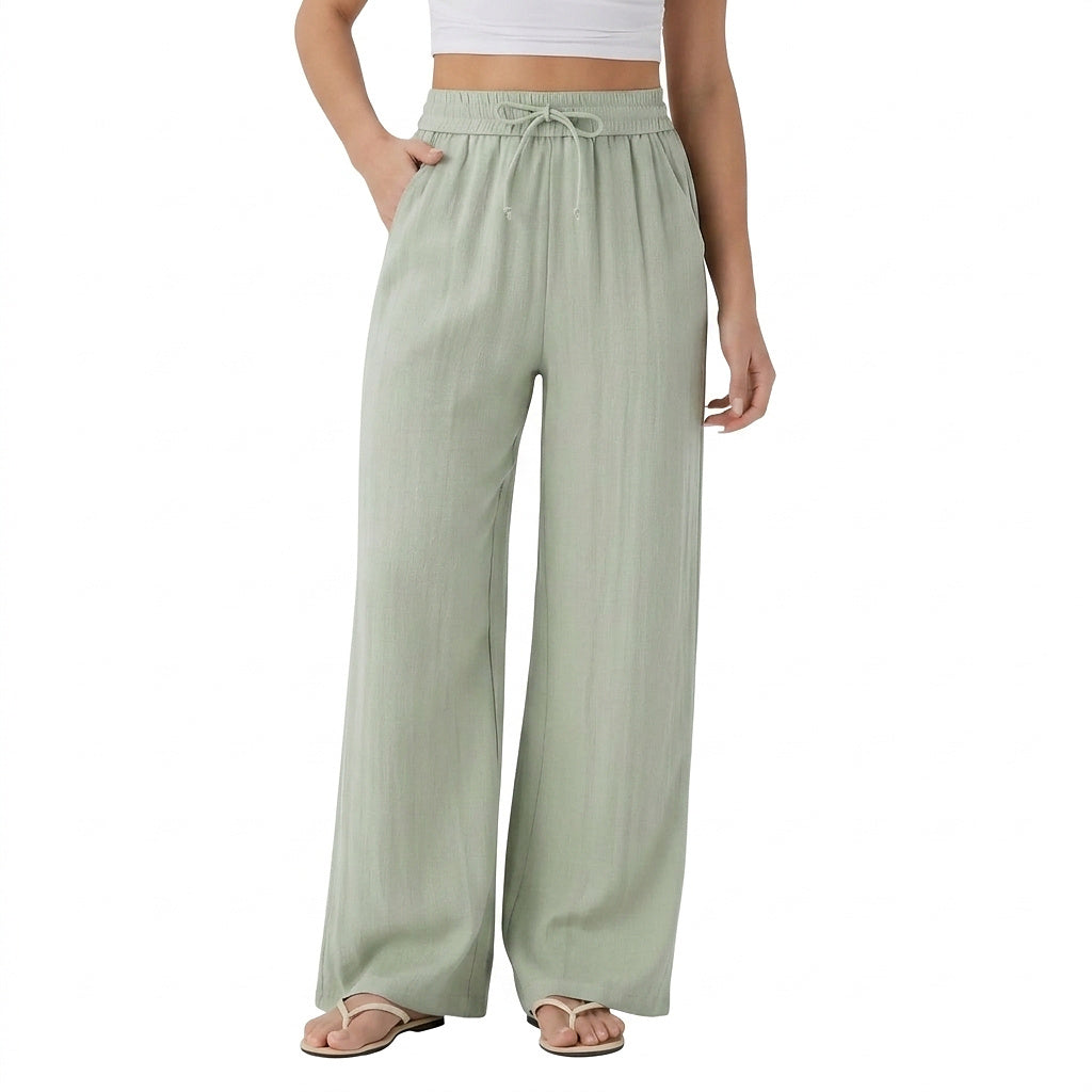 Damskie spodnie z szerokimi nogawkami i sznurkiem-Pants for woman-Olave