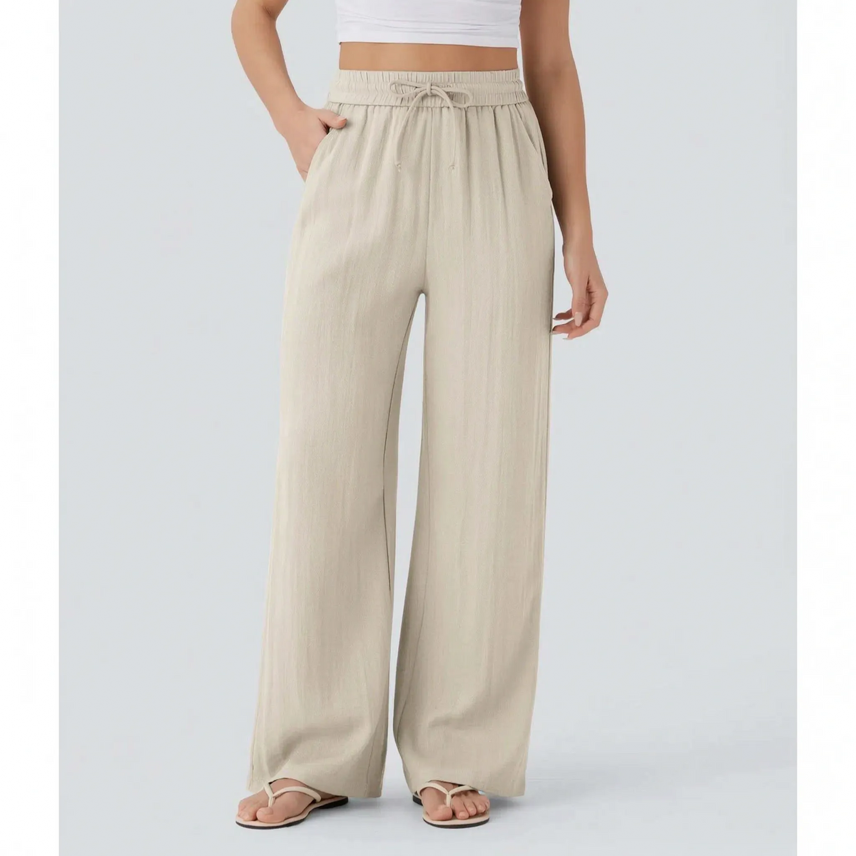 Damskie spodnie z szerokimi nogawkami i sznurkiem-Pants for woman-Olave