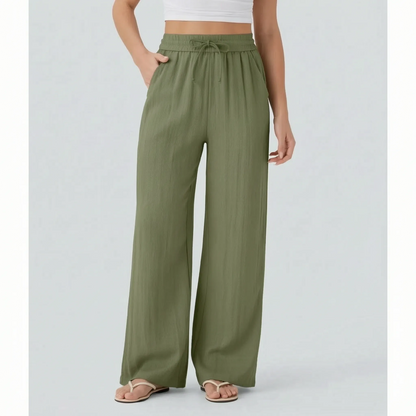 Damskie spodnie z szerokimi nogawkami i sznurkiem-Pants for woman-Olave