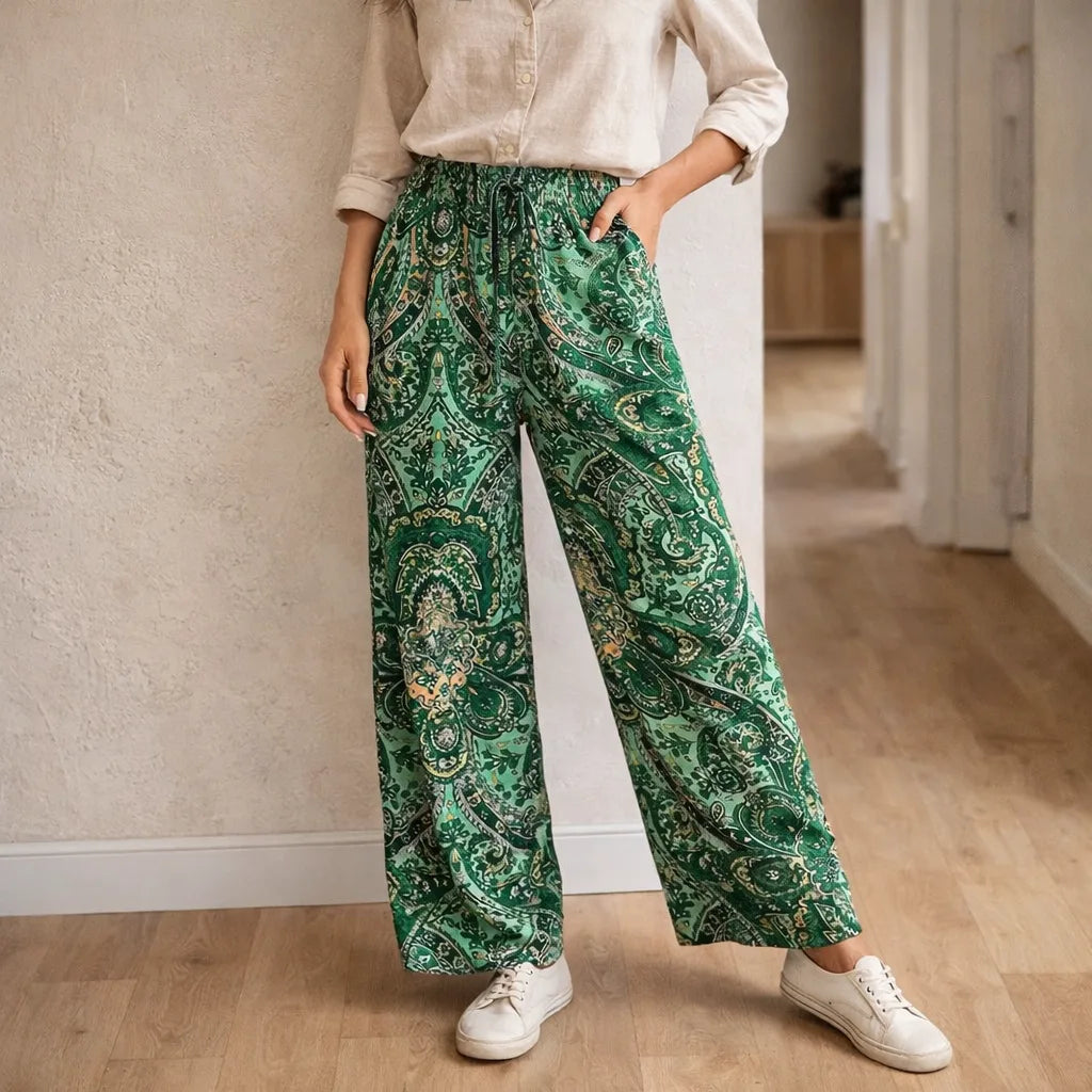 Damskie spodnie z szerokimi nogawkami i wzorem paisley-Pants for Women-Olave