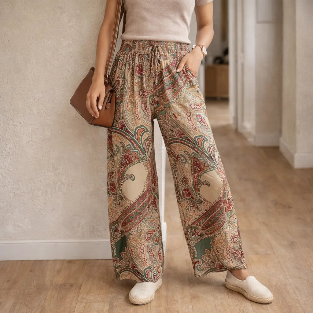 Damskie spodnie z szerokimi nogawkami i wzorem paisley-Pants for Women-Olave