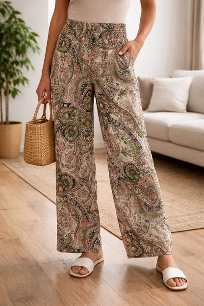 Damskie spodnie z szerokimi nogawkami i wzorem paisley-Pants for Women-Olave