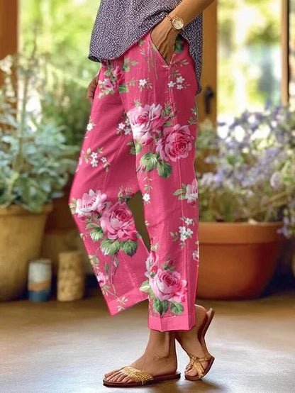 Damskie spodnie z szerokimi nogawkami w kwiatowy wzór-Pants for Women-Olave