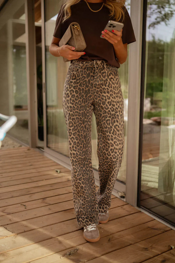 Damskie spodnie z szerokimi nogawkami w panterkę-Pants for Women-Olave