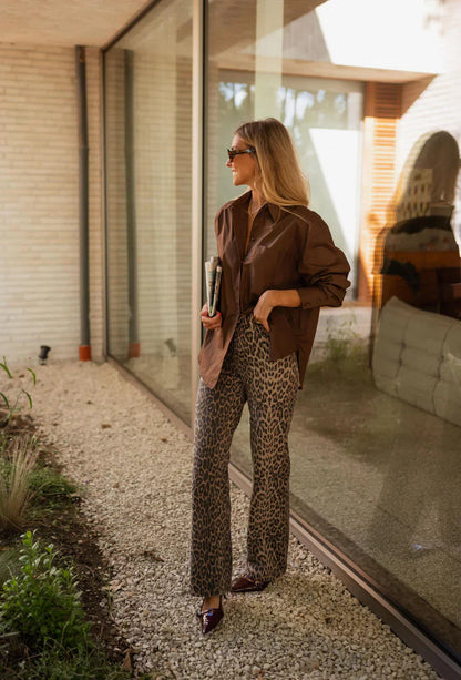 Damskie spodnie z szerokimi nogawkami w panterkę-Pants for Women-Olave