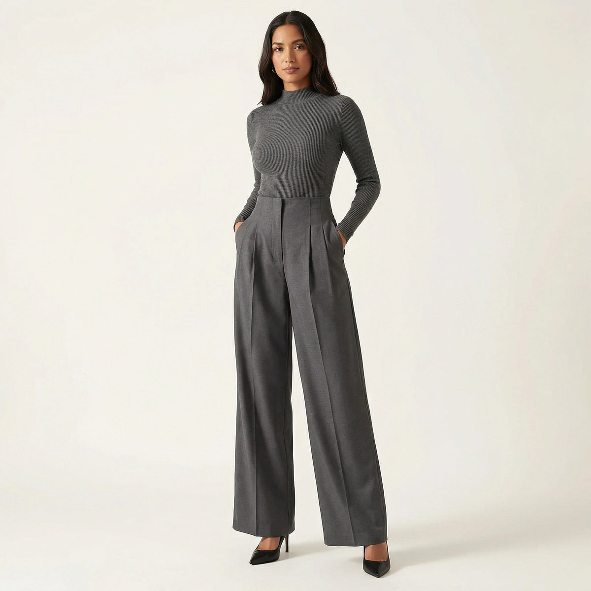 Damskie spodnie z wysokim stanem i szerokimi nogawkami-Pants for Women-Olave