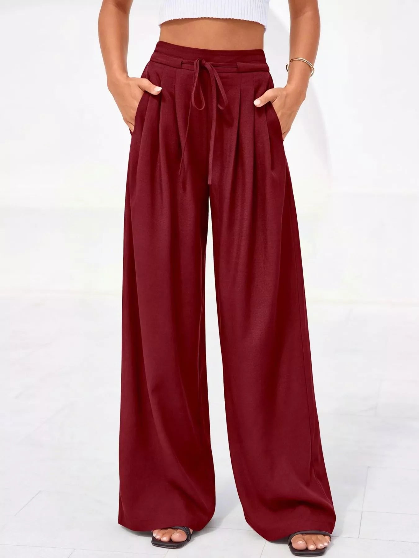 Damskie spodnie z wysokim stanem, szerokimi nogawkami i plisami-Pants for Women-Olave