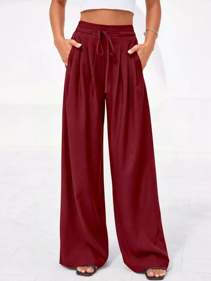 Damskie spodnie z wysokim stanem, szerokimi nogawkami i plisami-Pants for Women-Olave