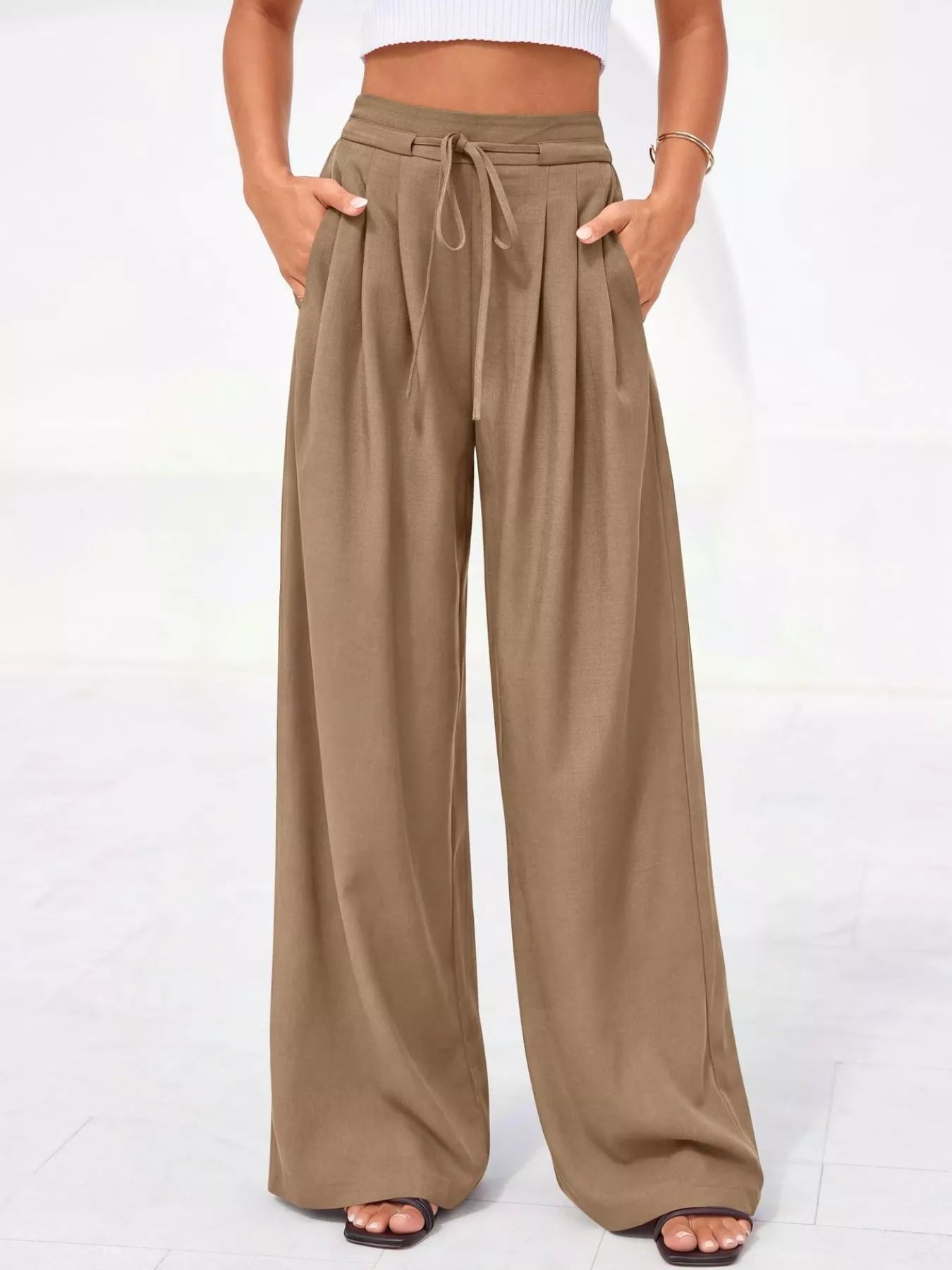 Damskie spodnie z wysokim stanem, szerokimi nogawkami i plisami-Pants for Women-Olave