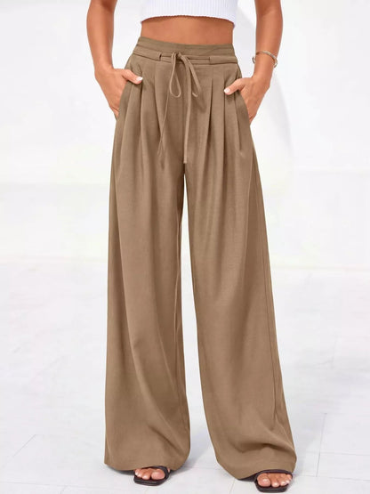 Damskie spodnie z wysokim stanem, szerokimi nogawkami i plisami-Pants for Women-Olave