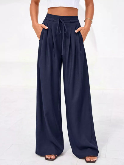 Damskie spodnie z wysokim stanem, szerokimi nogawkami i plisami-Pants for Women-Olave