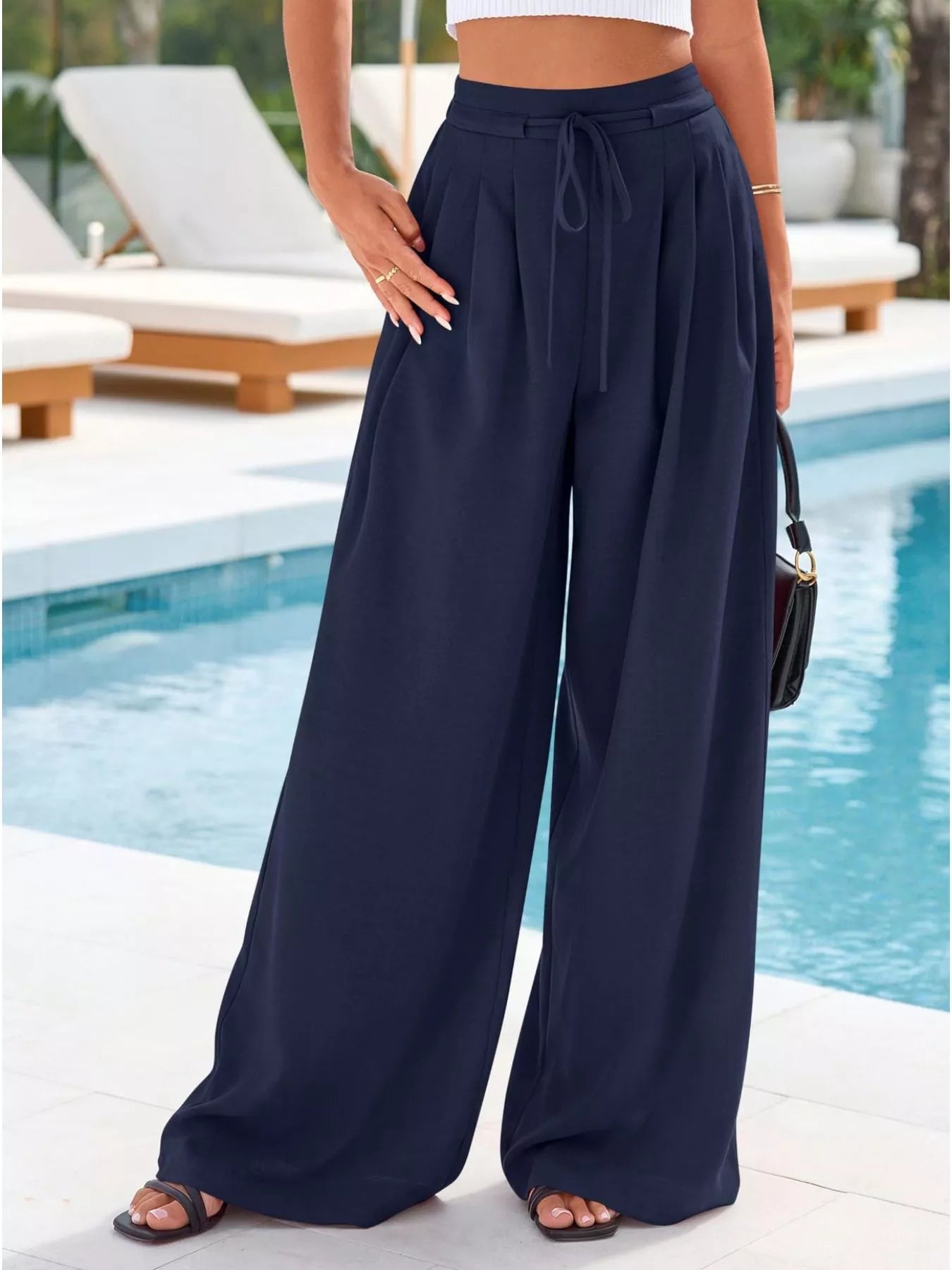 Damskie spodnie z wysokim stanem, szerokimi nogawkami i plisami-Pants for Women-Olave
