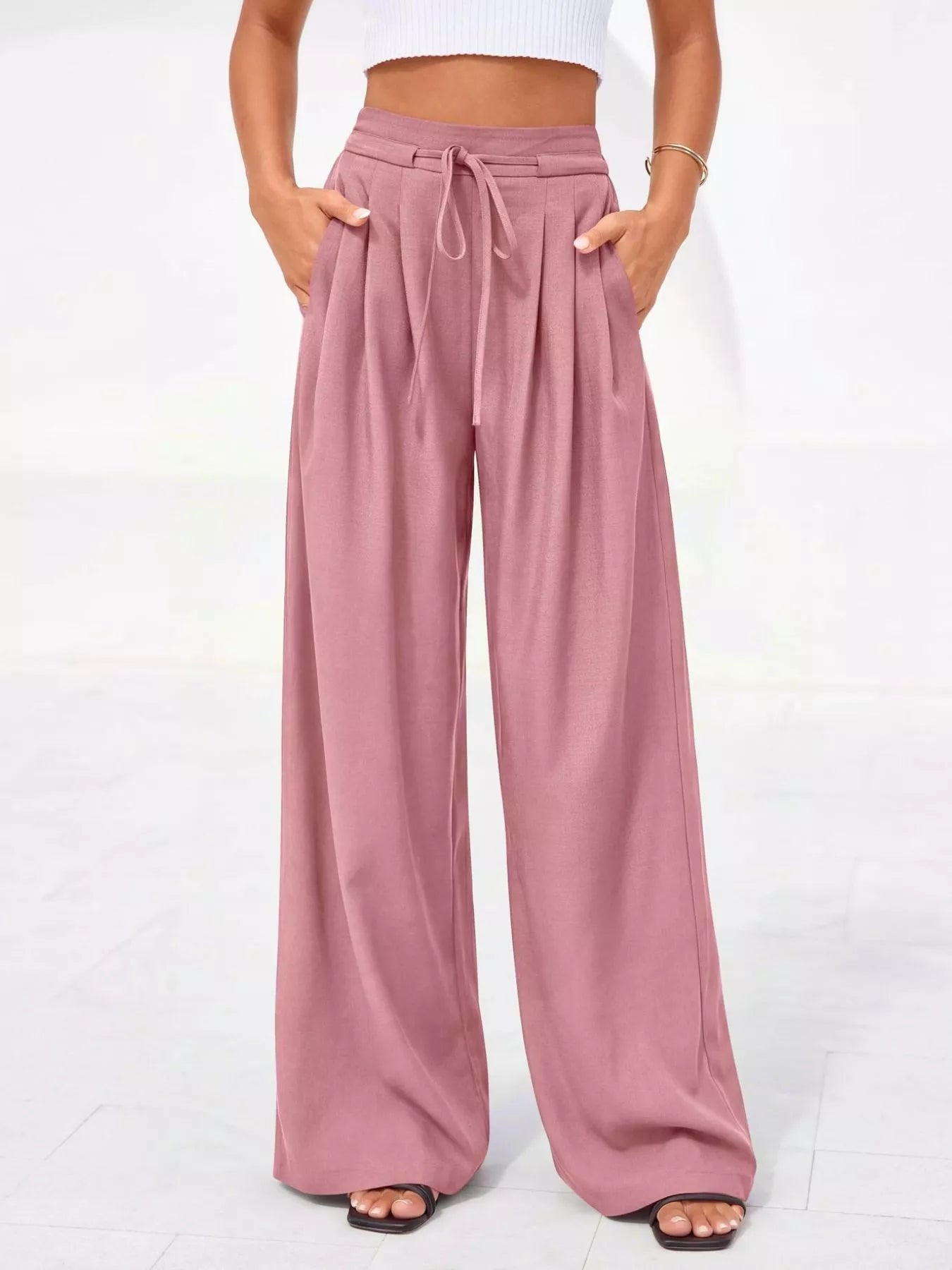 Damskie spodnie z wysokim stanem, szerokimi nogawkami i plisami-Pants for Women-Olave