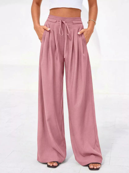 Damskie spodnie z wysokim stanem, szerokimi nogawkami i plisami-Pants for Women-Olave