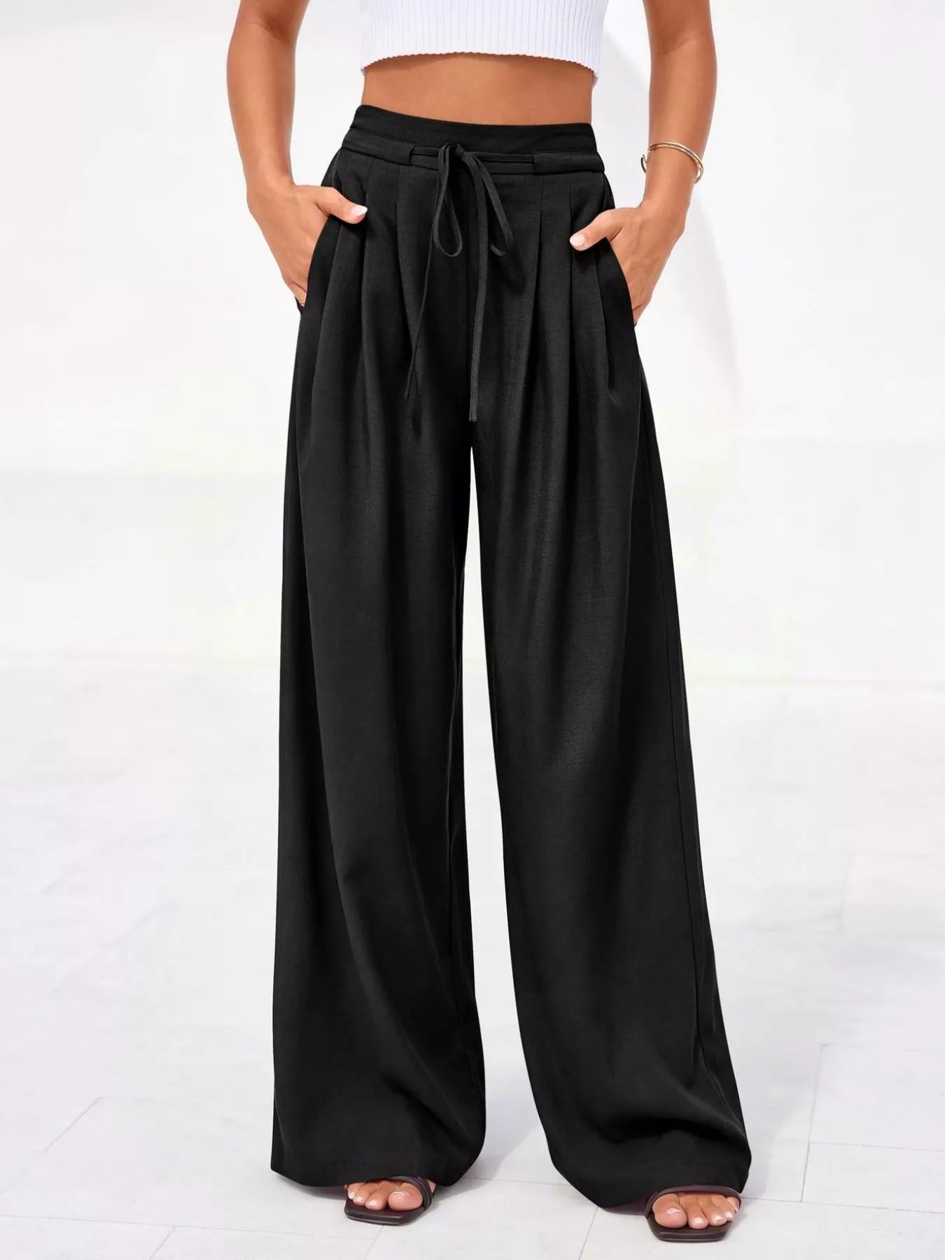 Damskie spodnie z wysokim stanem, szerokimi nogawkami i plisami-Pants for Women-Olave