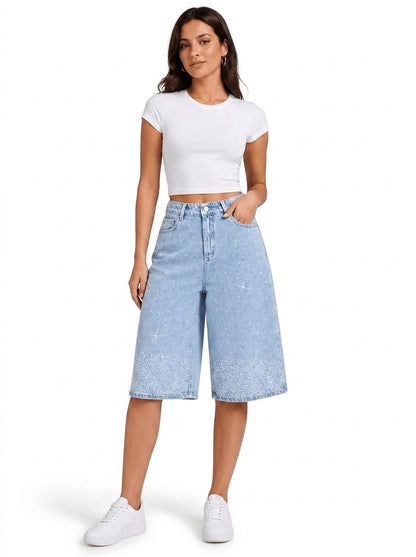 Damskie szorty bermudy z wysokim stanem i cyrkoniami-Shorts for women-Olave