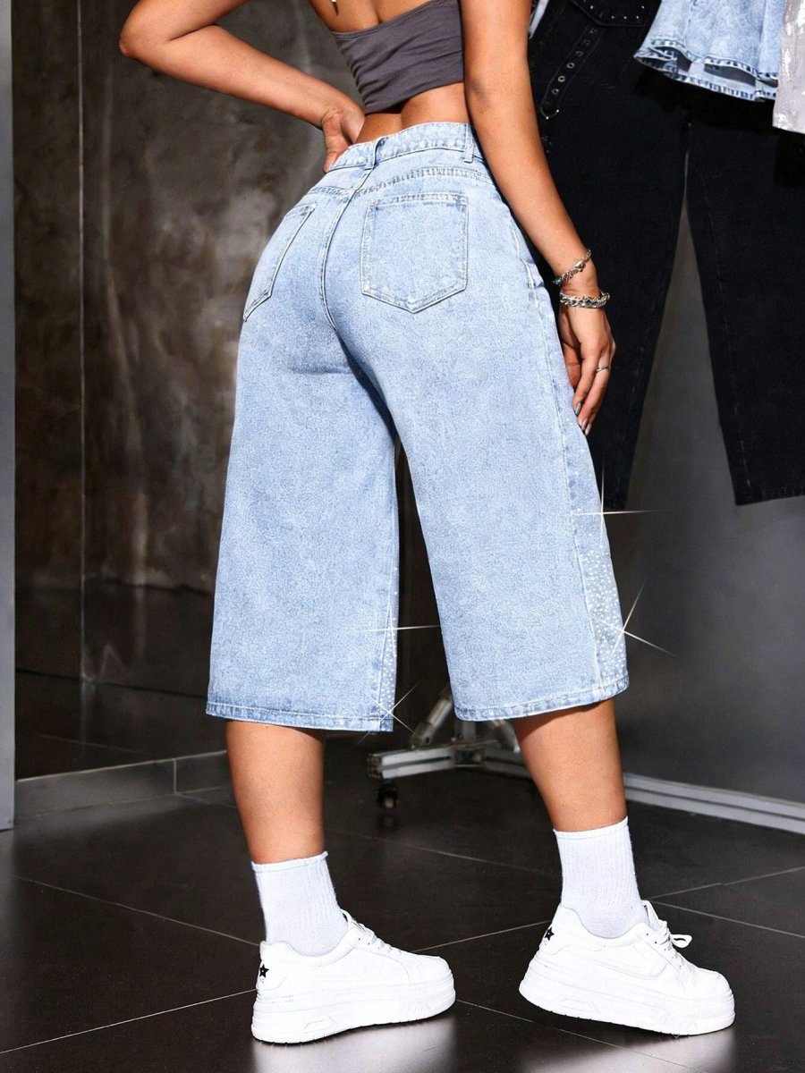 Damskie szorty bermudy z wysokim stanem i cyrkoniami-Shorts for women-Olave