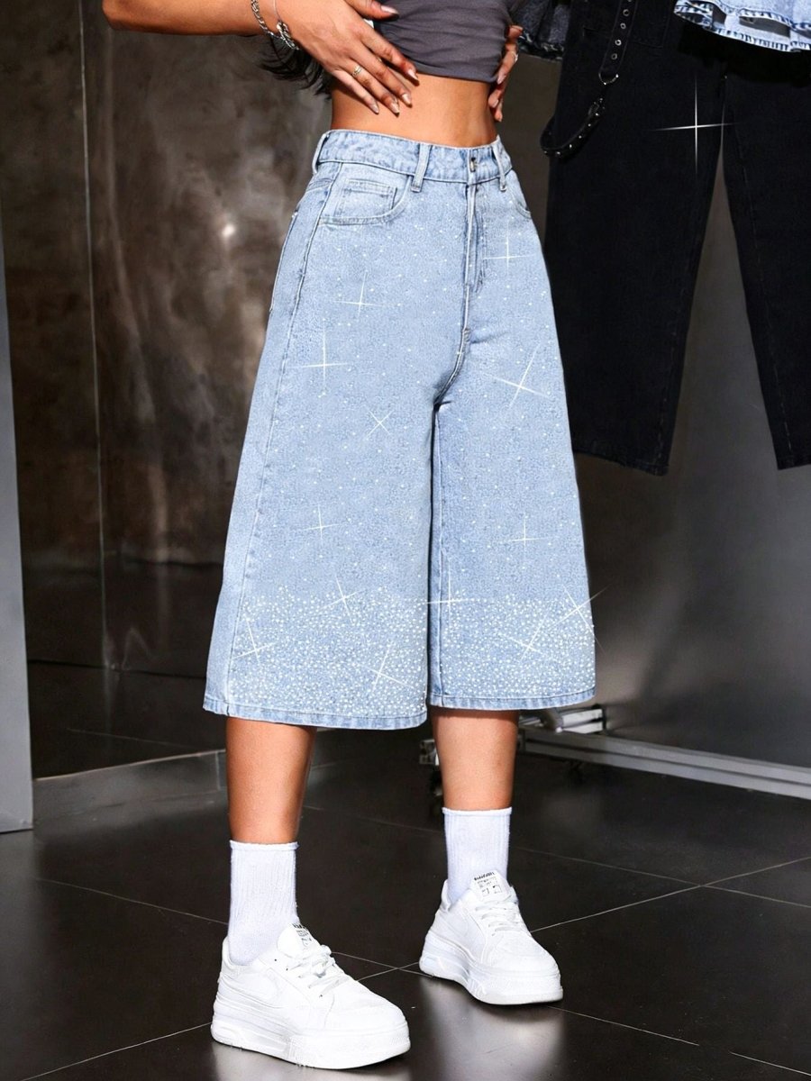Damskie szorty bermudy z wysokim stanem i cyrkoniami-Shorts for women-Olave