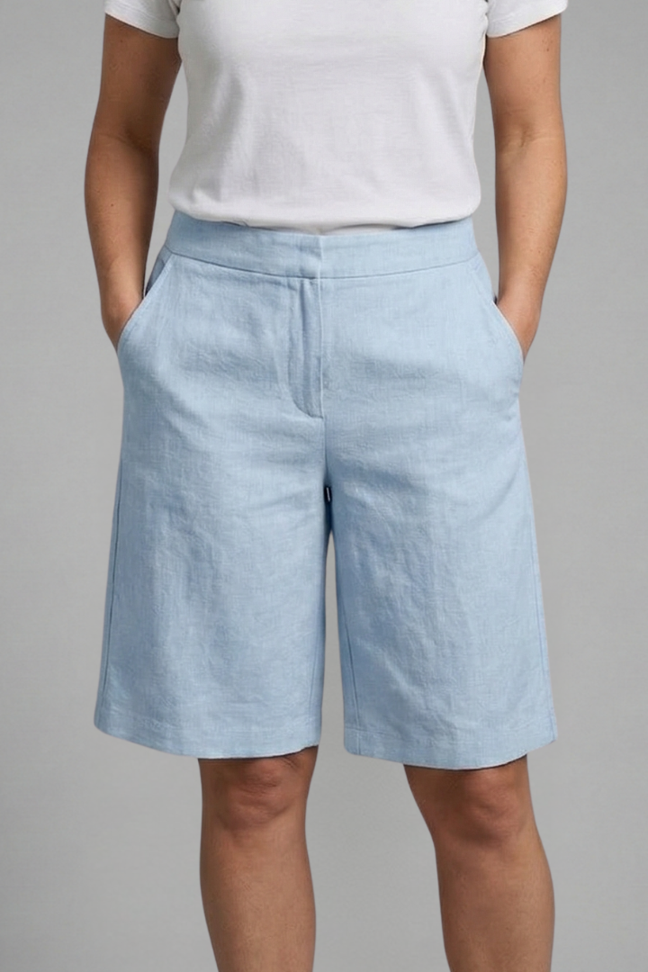 Damskie szorty do kolan z wysokim stanem i skośnymi kieszeniami-Shorts for women-Olave