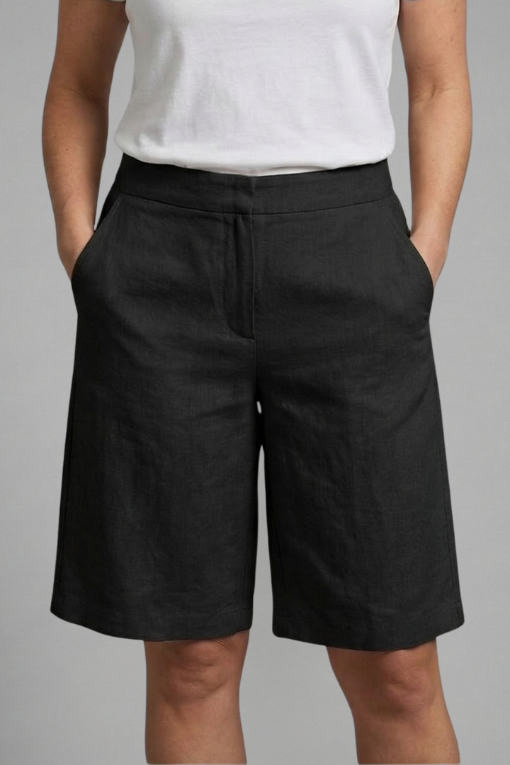 Damskie szorty do kolan z wysokim stanem i skośnymi kieszeniami-Shorts for women-Olave