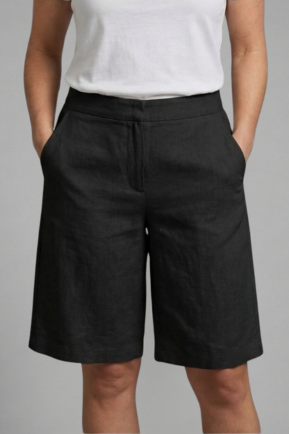 Damskie szorty do kolan z wysokim stanem i skośnymi kieszeniami-Shorts for women-Olave
