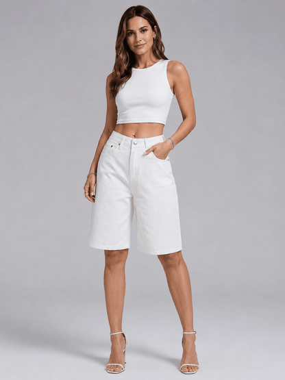 Damskie szorty jeansowe typu bermudy z szerokimi nogawkami-Shorts for women-Olave