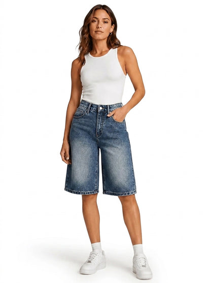 Damskie szorty jeansowe typu bermudy z wysokim stanem-Shorts for women-Olave