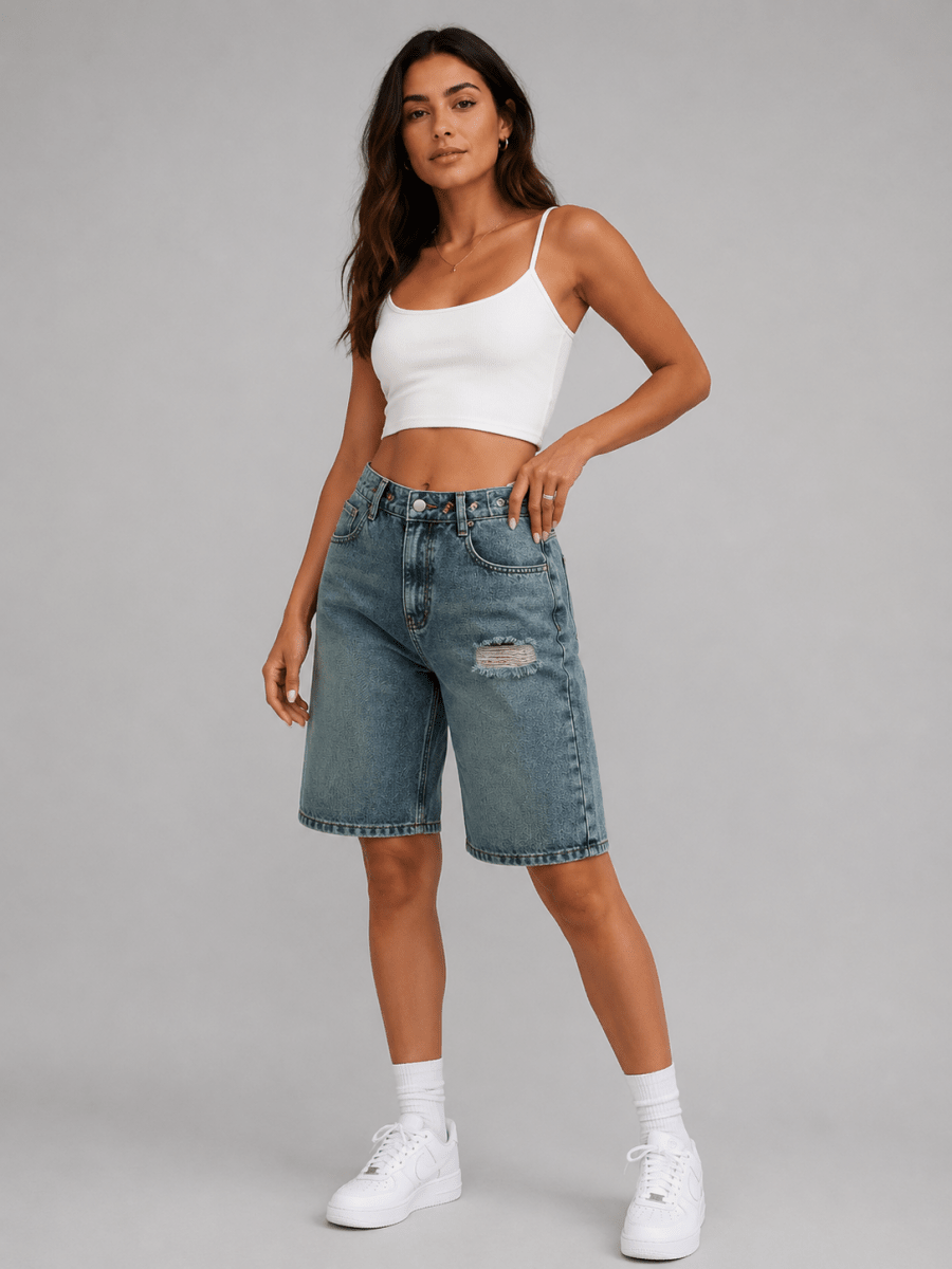 Damskie szorty jeansowe typu bermudy z wysokim stanem-Shorts for women-Olave