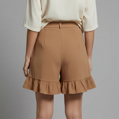 Damskie szorty z wysokim stanem i plisami oraz wykończeniem falbanką-Shorts for women-Olave