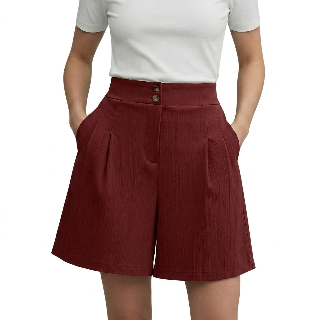 Damskie szorty z wysokim stanem szerokimi nogawkami plisami oraz dwoma guzikami-Shorts for women-Olave